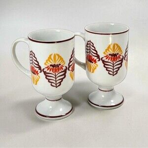Vintage Holt Howard French Marigold Footed Mugs Set 2 MCM Pedestal Orange Brown